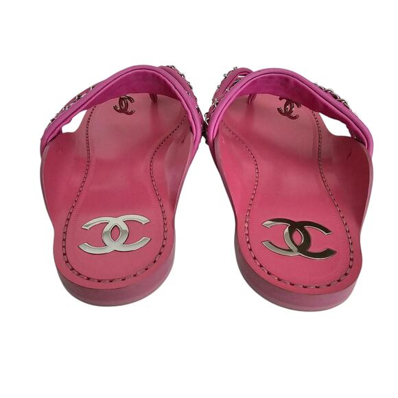 Chanel 19C CC Charm Chain Thong Flat Sandal Size 39 C US 8 8.5 Pink Leather - Picture 4 of 12